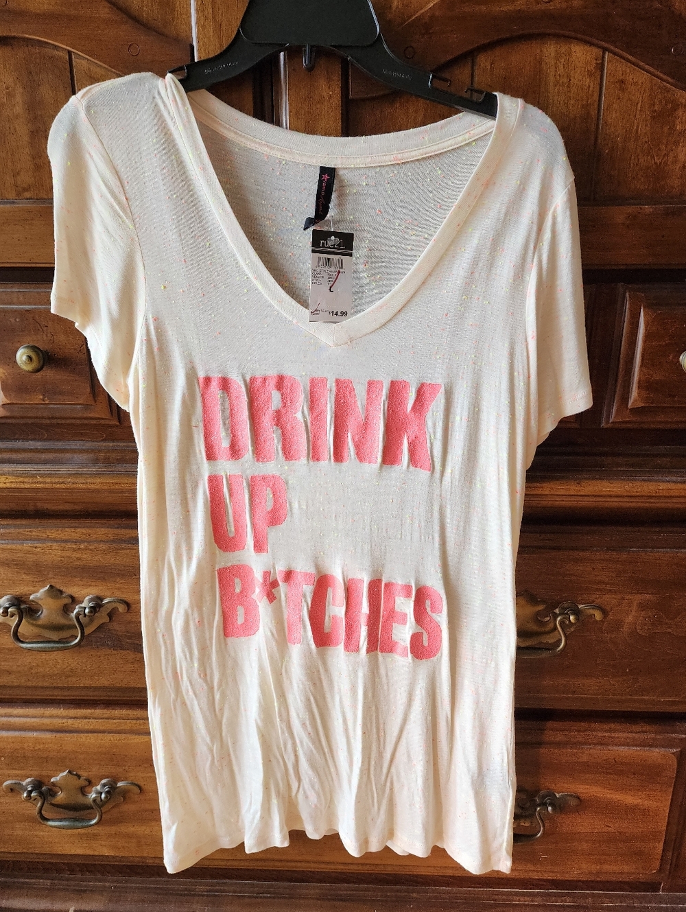 Graphic V-Neck Tee with Pink Lettering